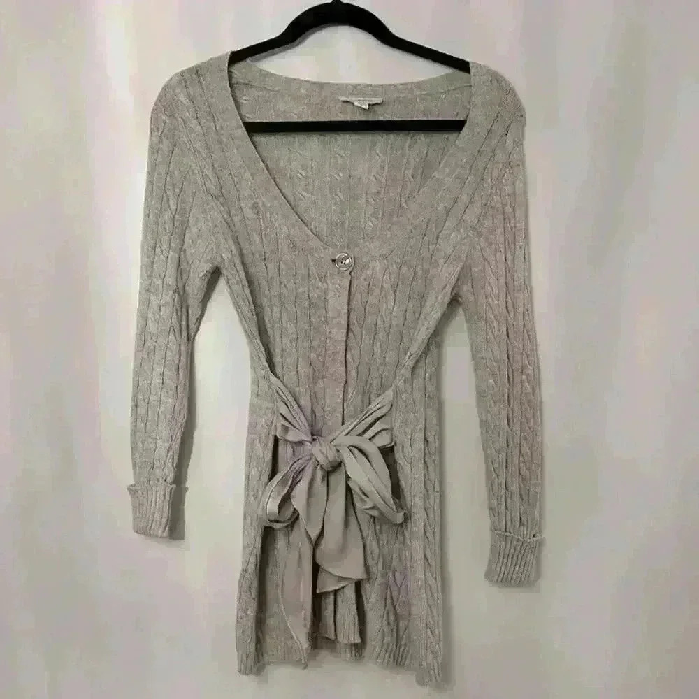 Boston Proper Heather Gray Cable Chiffon Sash Tie
Waist Cardigan Sweater XS